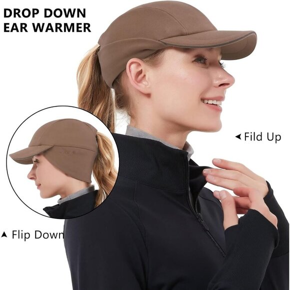 〽️Women\'s Brown Winter Reflective Fleece Ponytail Hat with Ear Warmers